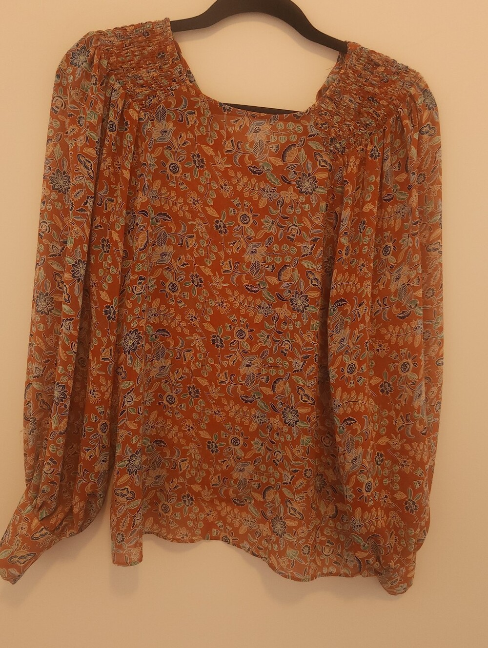 Mango Burnt Orange Floral Smocked-Neck Blouse